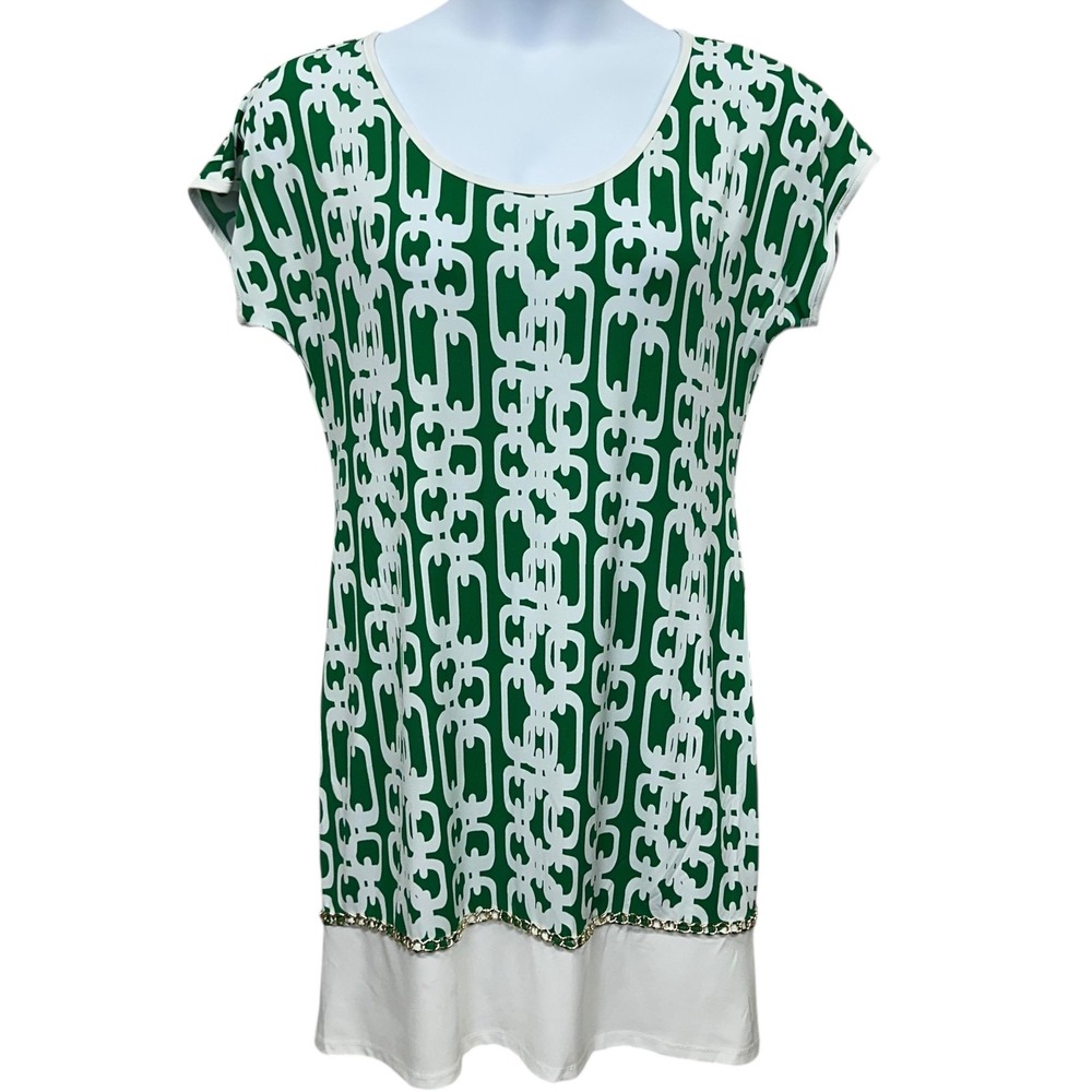 MSK Dress Womens L Green White Chain Print Cap Sleeve Tunic Shift Stretch NWT